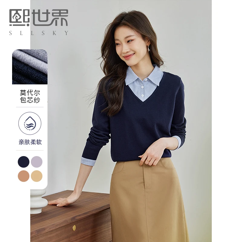 熙世界时尚针织衫女士春秋新款设计感长袖毛衣衬衫领打底衫上衣