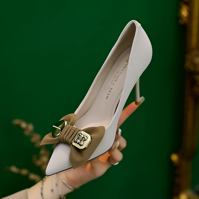 2024年春秋季新款爆洋气蝴蝶结仙女单鞋配裙子少女尖头细跟高跟鞋