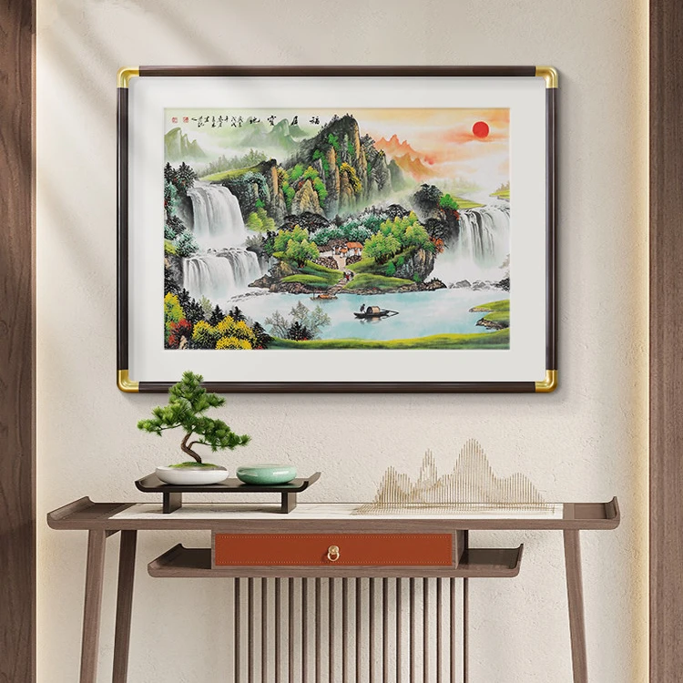 新中式入户玄关装饰画走廊过道尽头壁画客厅靠山图福地山居挂画