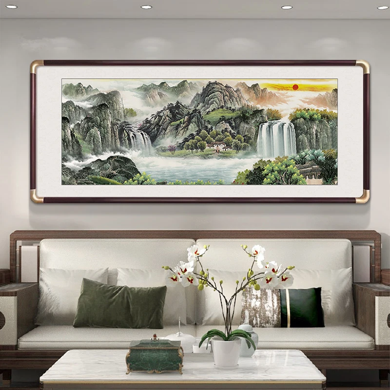 山水画客厅挂画聚宝盆新中式沙发背景墙装饰画源远流长新款壁画