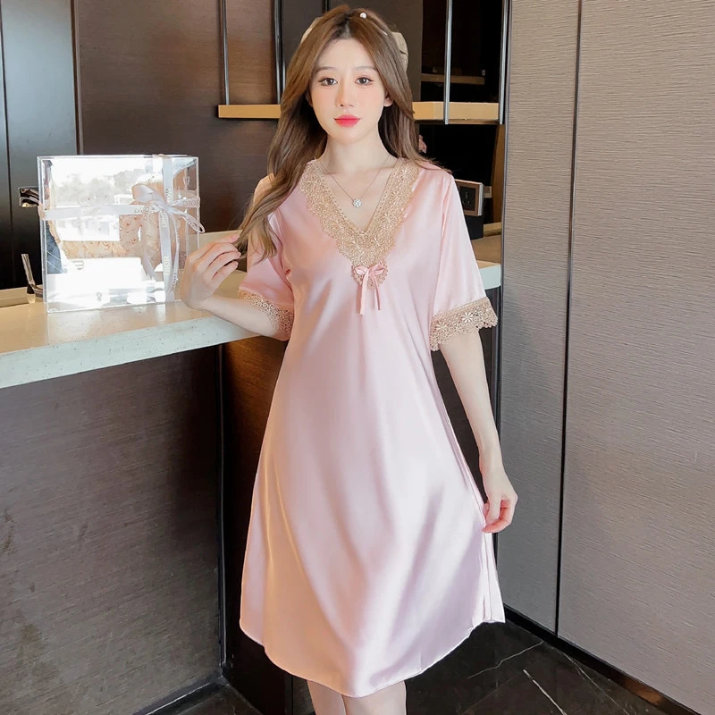 【性感蕾丝】夏季薄款v领睡衣女睡裙家居服高档冰丝凉感丝滑舒适