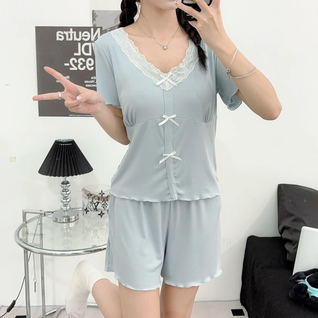 夏季睡衣带固定胸垫浅蓝色休闲女睡衣套装