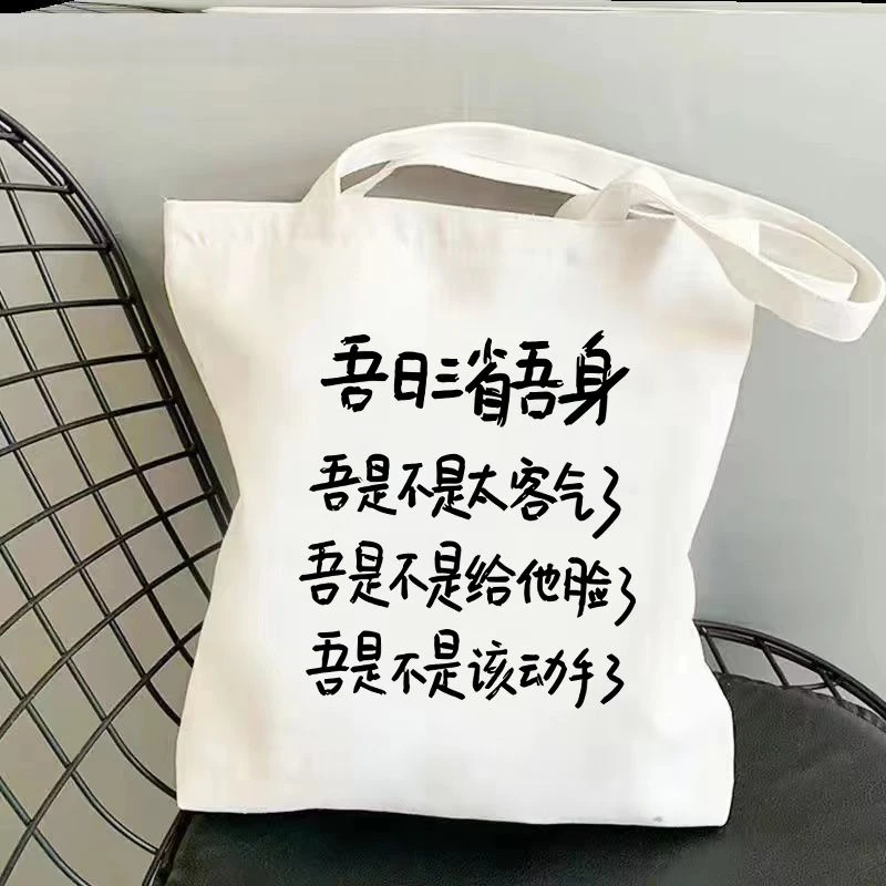 吾日三省吾身创意文字帆布袋初高中学生上课书包手提袋单肩包定制