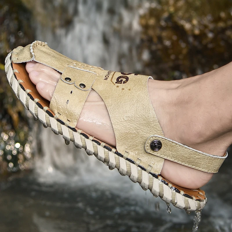 外贸出口皮凉鞋男款真皮透气软底防臭休闲外穿高档沙滩两穿凉拖鞋