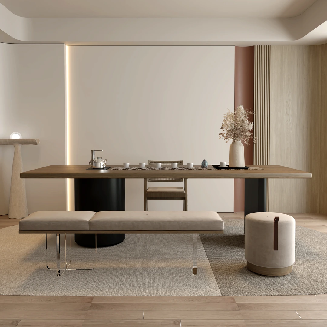 侘寂风实木茶桌椅组合烧水壶嵌入式新款现代简约办公室原木大板桌