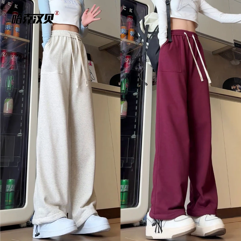 美式贴标垂感卫裤男女春秋季2024新款显瘦宽松直筒阔腿休闲运动裤