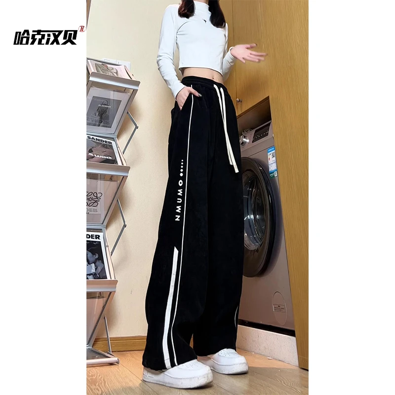 灯芯绒裤子男女款春秋季加绒潮牌美式刺绣休闲长裤宽松直筒阔腿裤