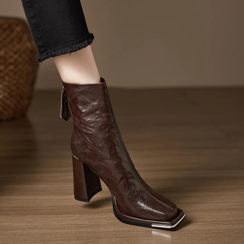 AACCK手工女鞋10cm~真皮短靴女2024新款粗跟法式复古气质马丁靴