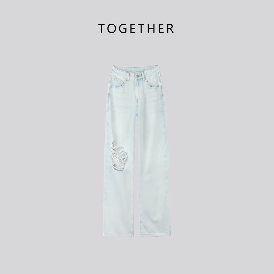 【Together】· 凉舟 · 夏季简约百搭破洞直筒拖地牛仔裤#T6036