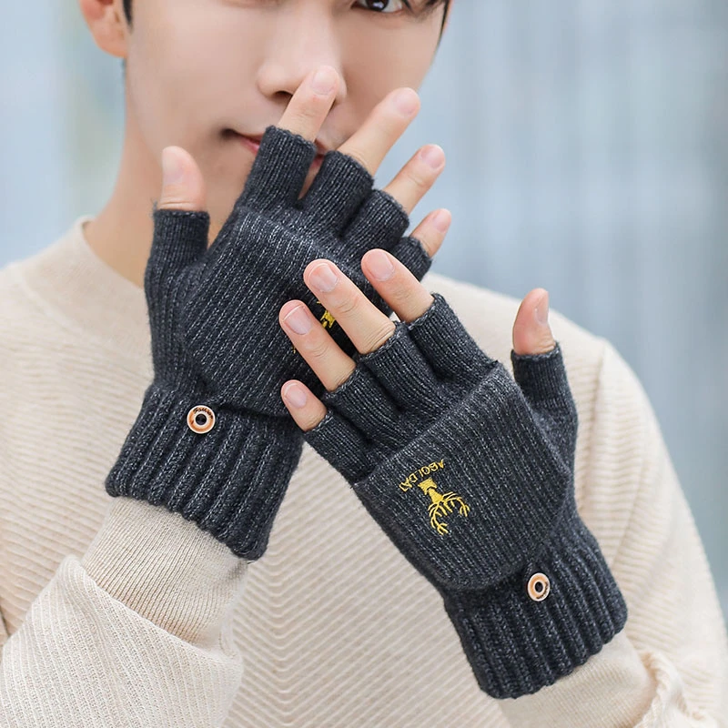 手套男士冬季冬天毛线秋冬半指保暖韩版加厚加绒露指翻盖学生骑行