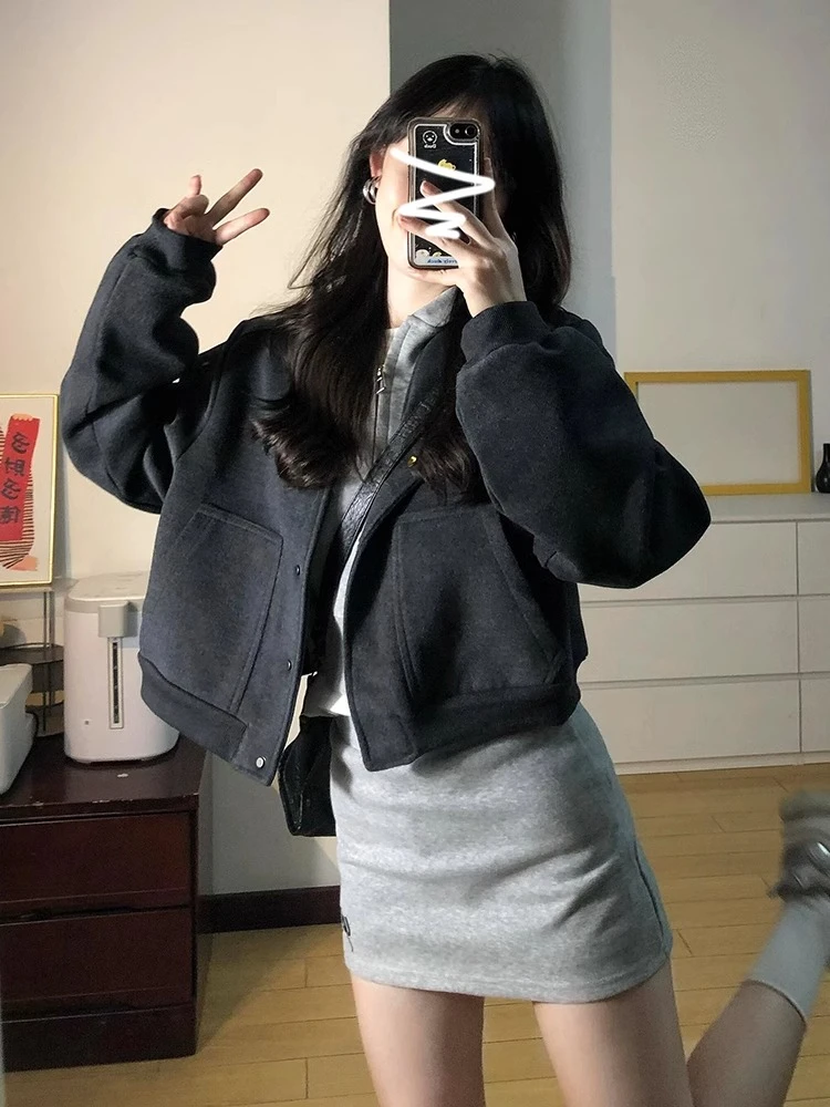 复古深灰色休闲短款外套女装秋冬2024新款小个子宽松气质夹克上衣