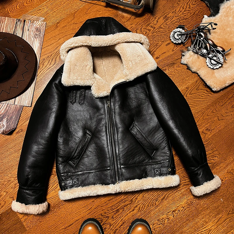 反季b3原生态真皮毛一体机车服加厚皮草外套羊羔毛带帽皮衣夹克潮