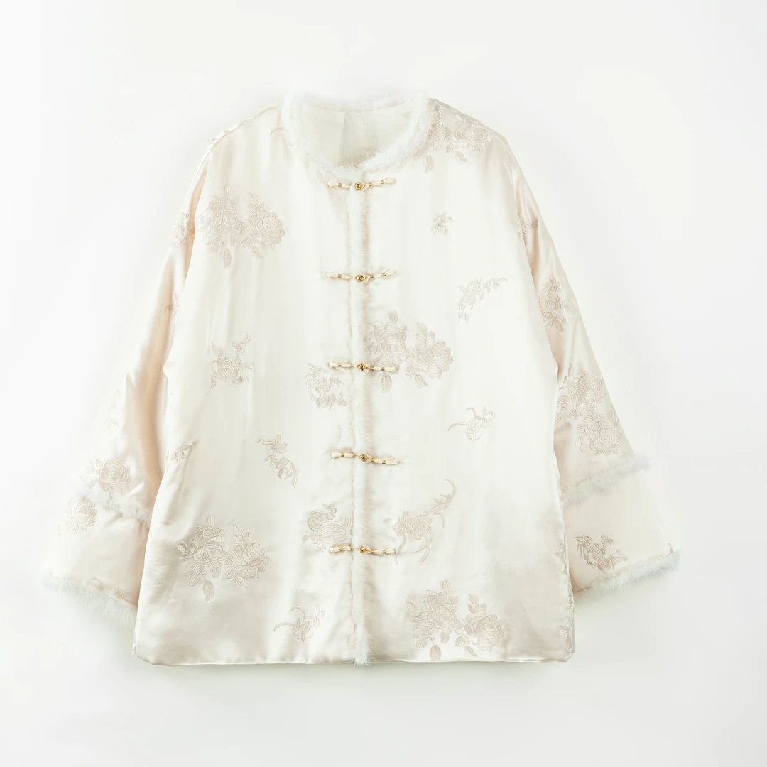 【虹辰】高端水貂毛重工醋酸绣花保暖棉服高级感气质优雅棉衣-HC808