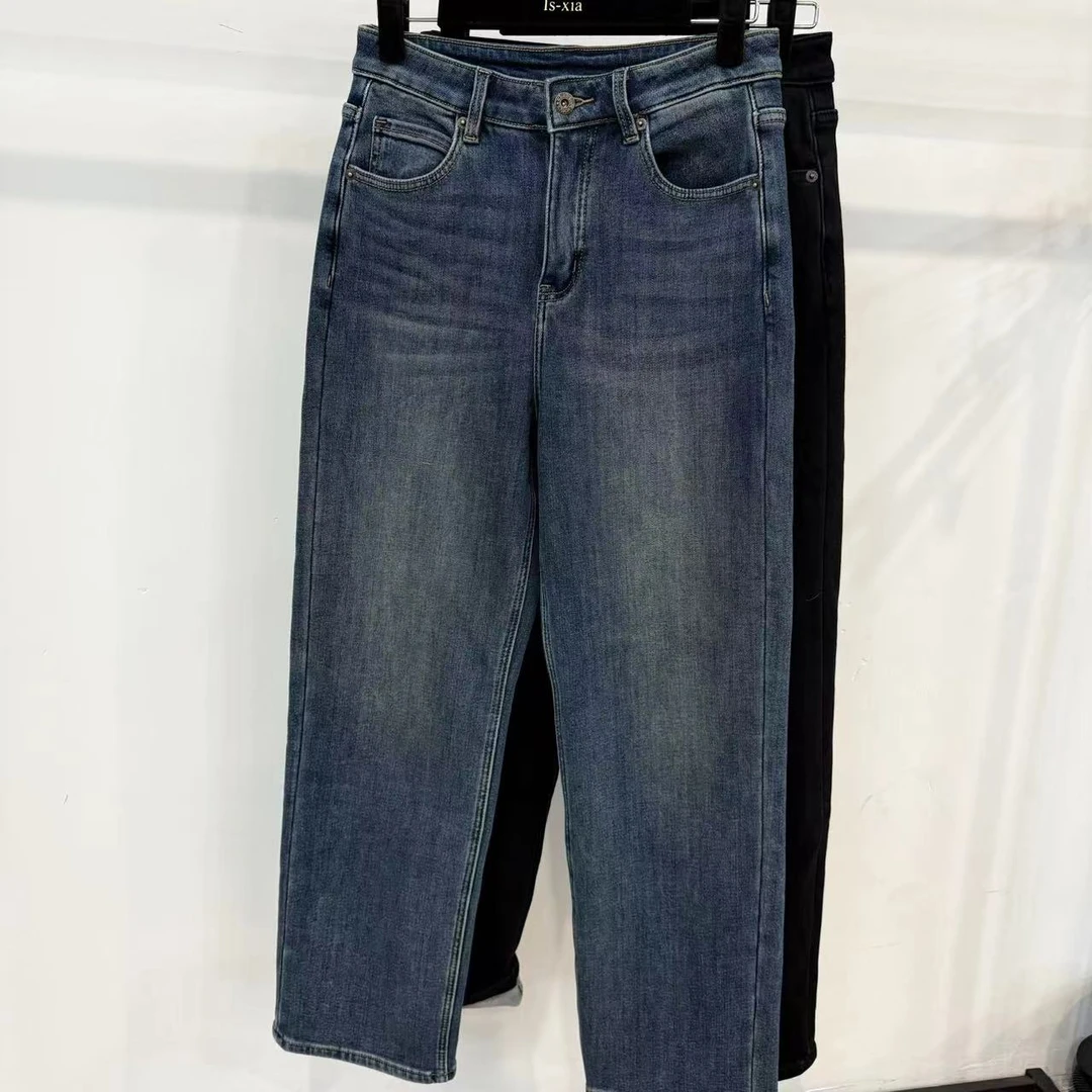 【蓝田玉暖】充绒鹅绒·时尚休闲简约直筒高雅水洗羽绒填充牛仔裤