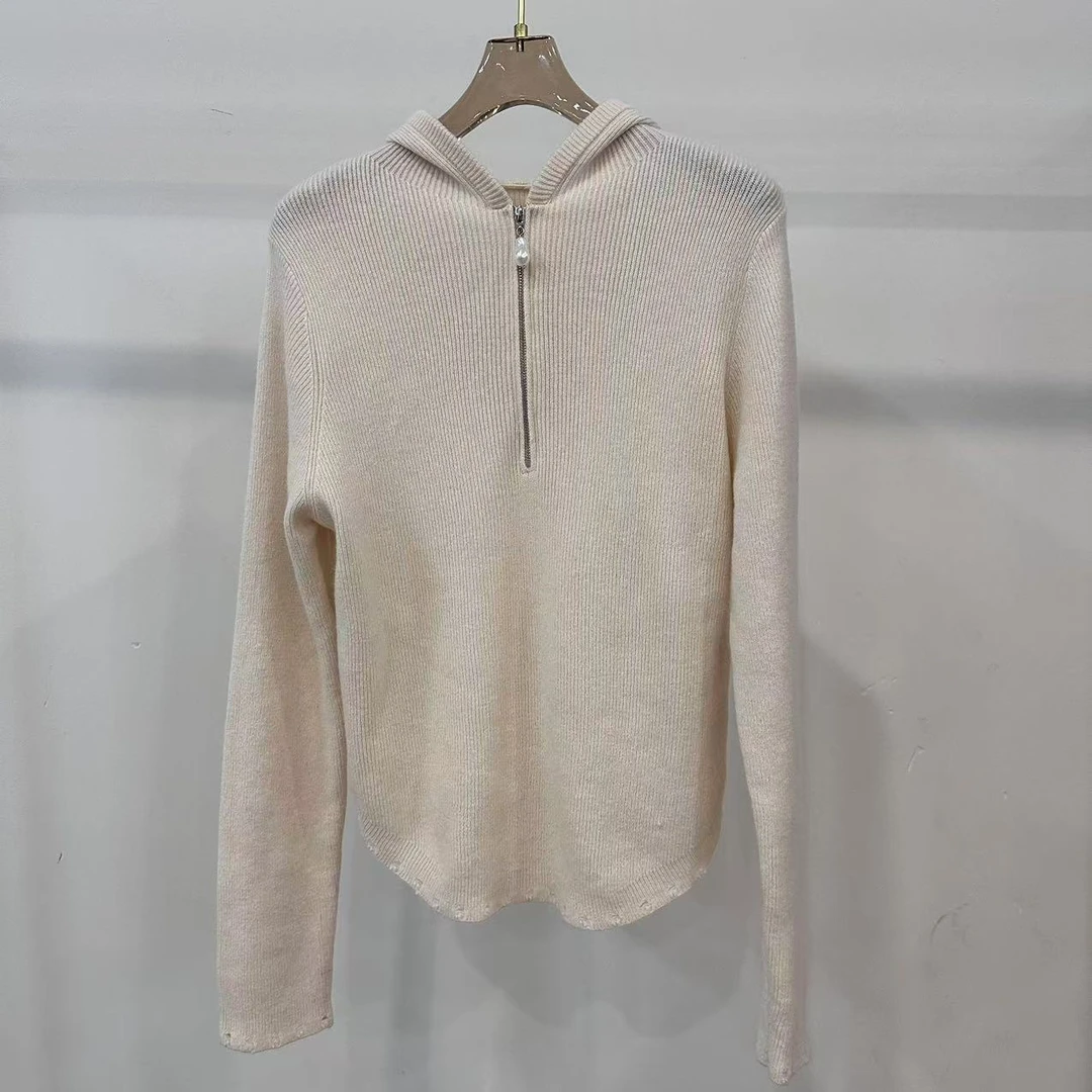 【陌上花开】100%美利奴羊毛·珍珠配饰拉扣连帽时尚优雅针织卫衣