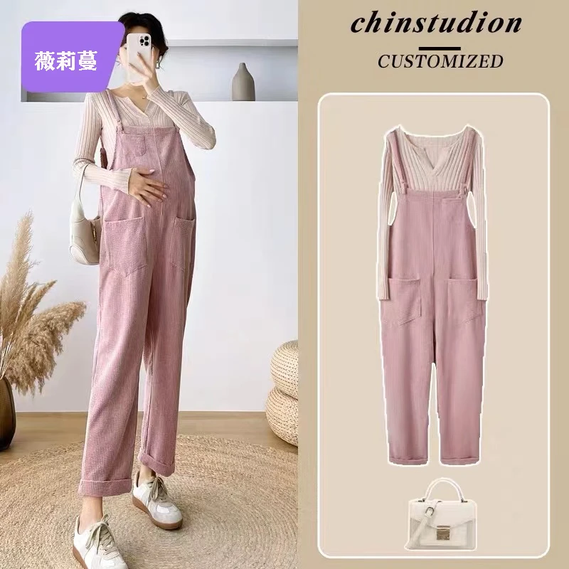 孕妇装春秋2025新款套装灯芯绒背带裤秋季长袖上衣孕妇裤子两件套