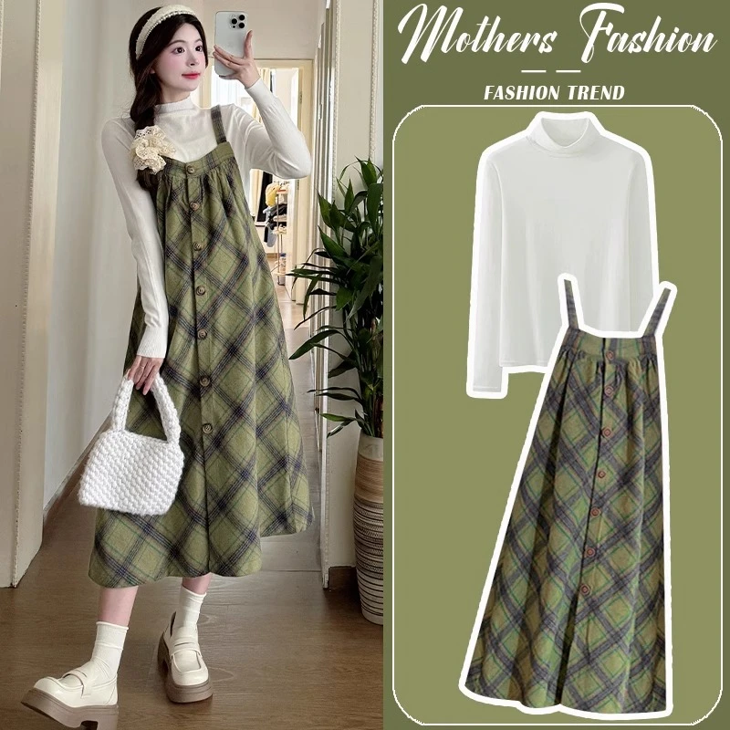 孕妇春秋连衣裙韩版减龄格子宽松背带裙上衣2025新款孕妇裙潮妈