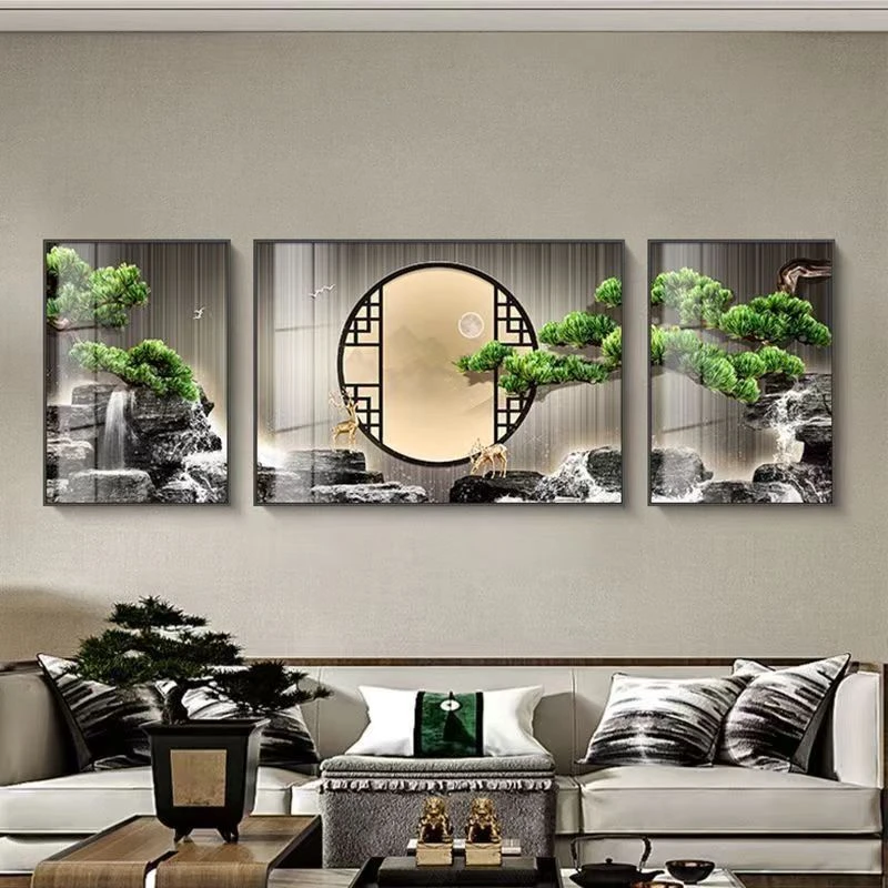 沙发背景装饰画客厅现代简约轻奢艺术立体防水晶瓷手工镶钻三联画