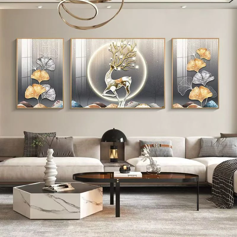 沙发背景三联画客厅高端大气现代风简约轻奢设计立体晶瓷镶钻挂画