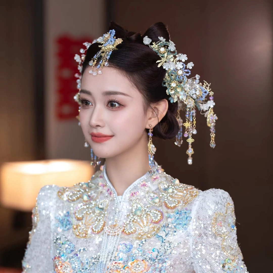 金钻新娘蓝色水晶新款秀禾服头饰