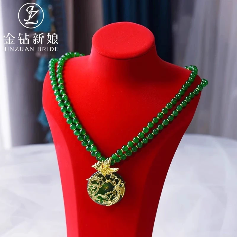 金钻新娘中式复古精致绿色吊坠项圈汉服婚礼新娘传统配饰古装饰品