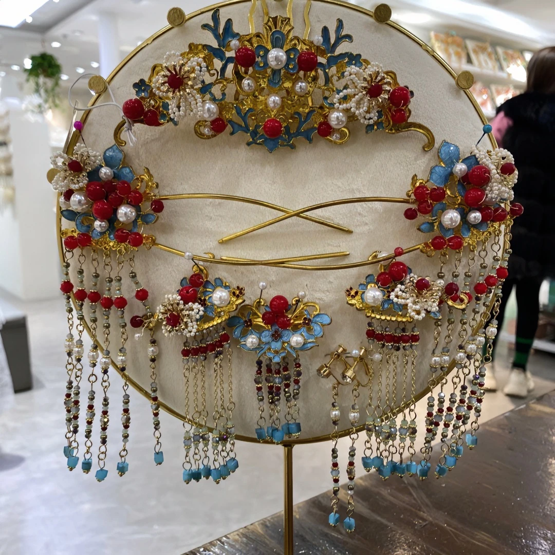 2038金钻新娘新款结婚晚宴盘发复古红色发饰套装