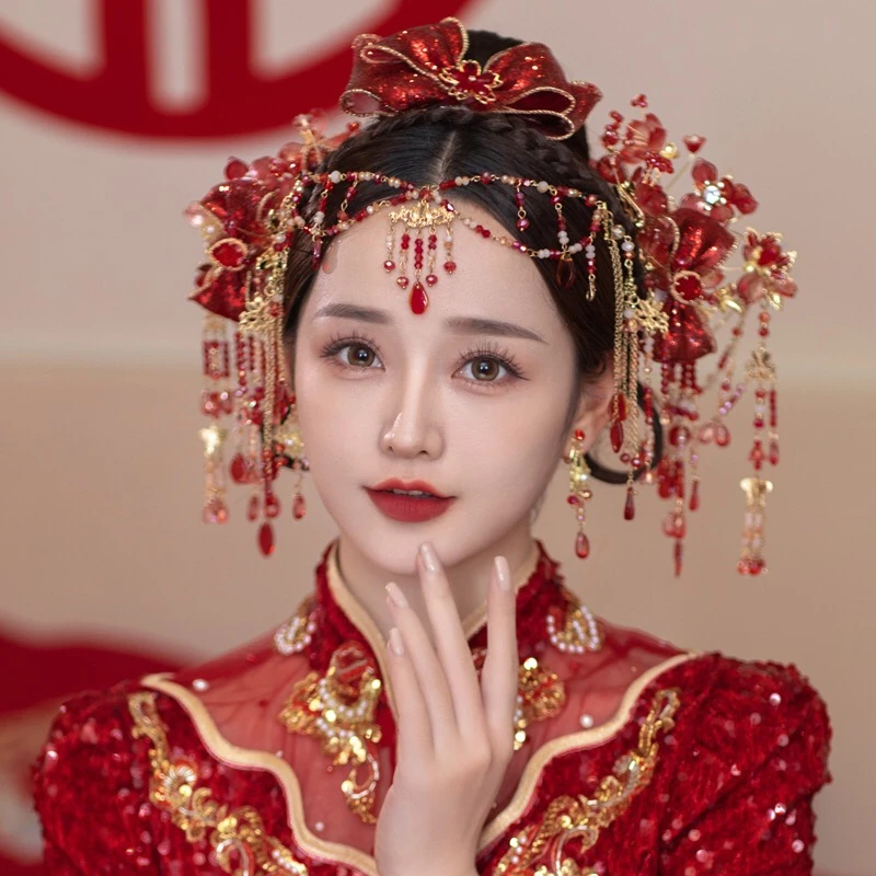 金钻新娘新款红色蝴蝶结琉璃水晶秀禾头饰1723