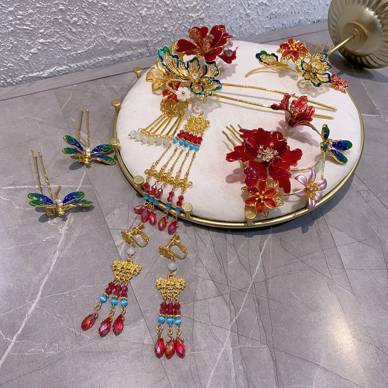 铜合金婚庆饰品 中式新娘红色秀禾服头饰流苏发簪汉服配饰套装