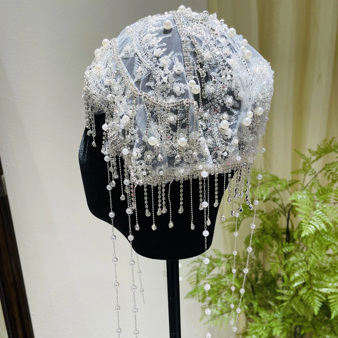 金钻新款重工复古新娘头饰蕾丝串珠流苏额链纱帽礼服配饰婚纱饰品