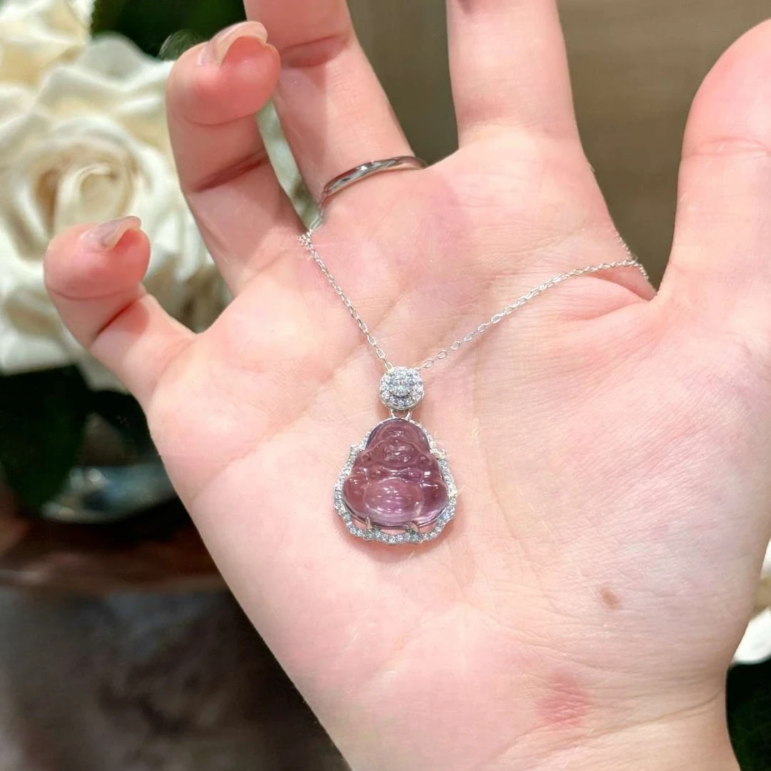 吊坠925银玻璃 新中式巴西紫水小胖佛s925女锁骨项链冰透紫弥勒佛