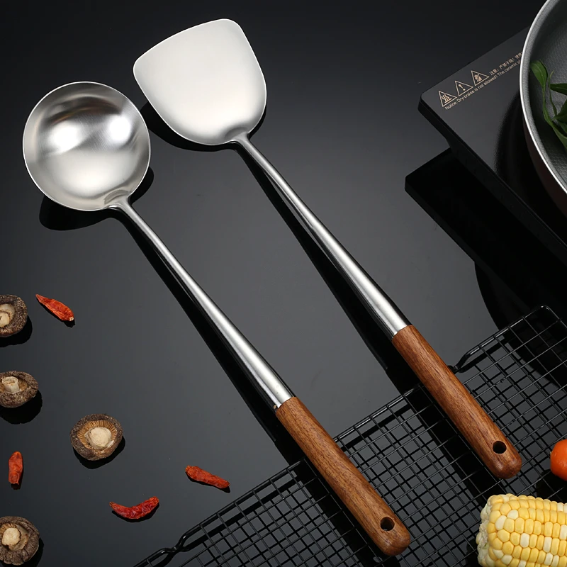 304不锈钢炒勺炒铲厨师专用炒菜勺子木柄家用长柄汤勺分菜勺 锅勺