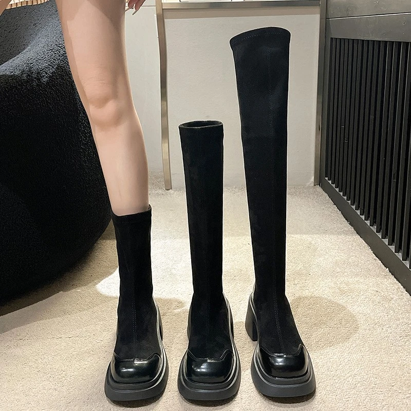 过膝长靴女2024年新款秋冬平底弹力显瘦高长筒皮靴厚底不过漆靴女