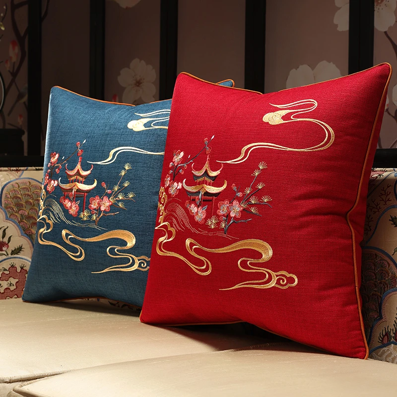 【新粉福利】亚麻刺绣 新中式抱枕 中国风客厅靠枕 红木沙发靠垫