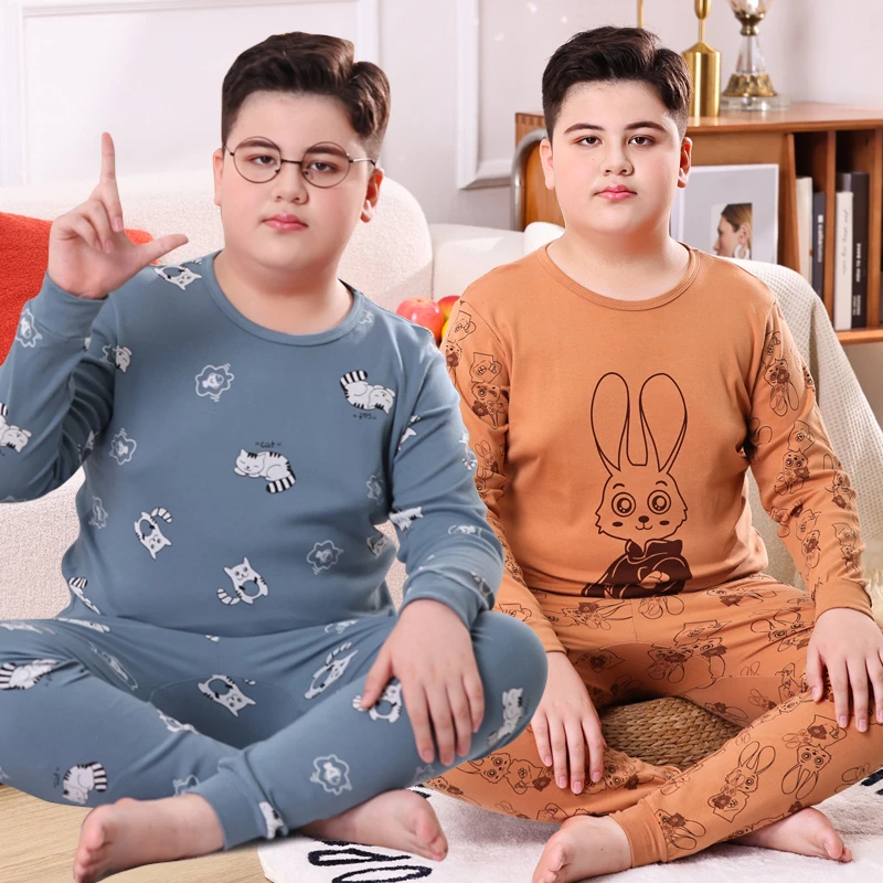 胖童纯棉保暖内衣套装男女童秋衣秋裤青少年加肥加大全棉儿童睡衣