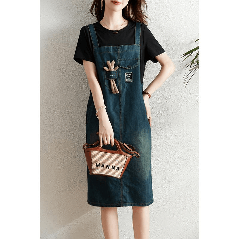 假两件牛仔连衣裙女夏季2024新款时尚洋气胖mm宽松遮肉显瘦背带裙