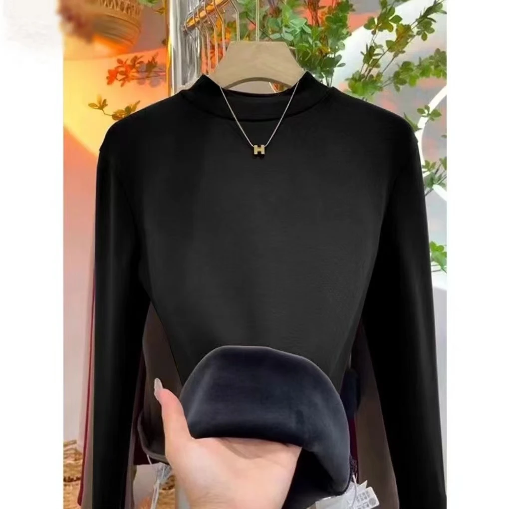 大码冬季休闲百搭保暖加绒加厚中高领打底衫