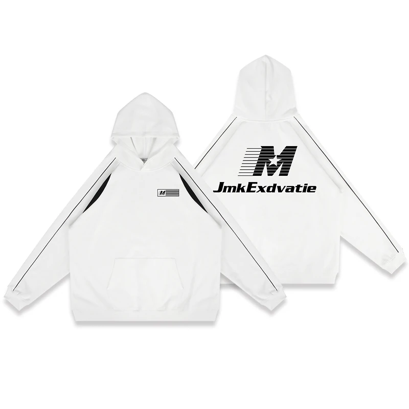 国潮牌拼接设计感反光条字母发泡印花街头嘻哈小众宽松连帽卫衣