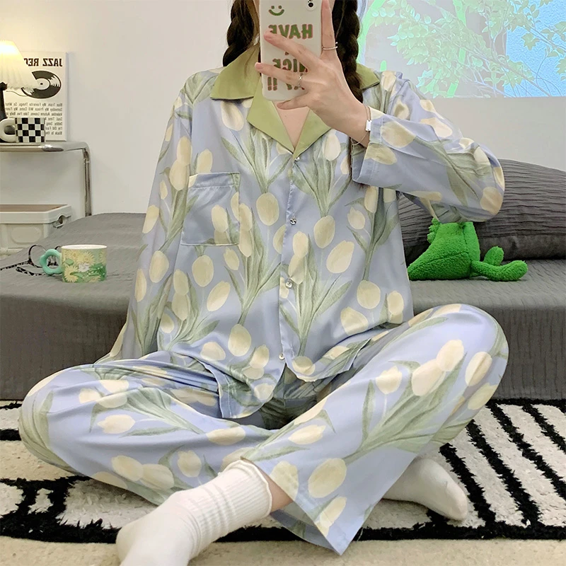 2023春季新款睡衣女开衫翻领郁金香睡衣套装