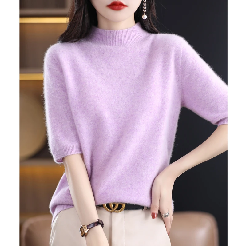一线成衣100%纯羊毛衫女半高领五分袖纯色短袖打底羊毛上衣