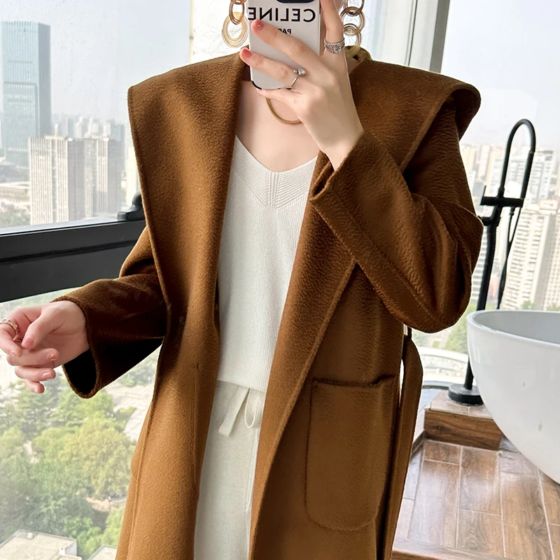 秋冬水波纹羊毛大衣女中长款双面呢连帽外套腰带韩版宽松绒呢风衣