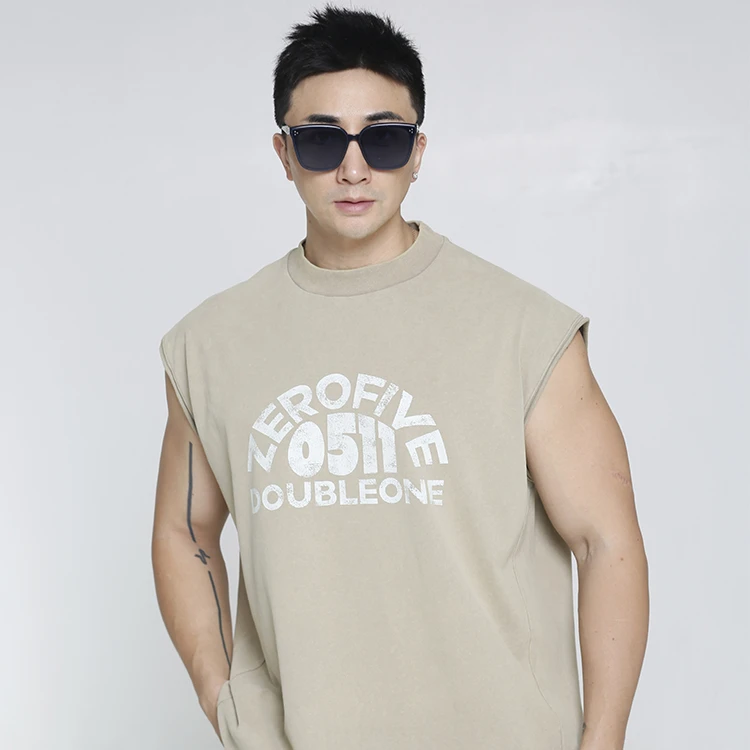 【0511】无袖成衣染色+炒洗斑驳印花小高领松身T恤休闲运动健身A009