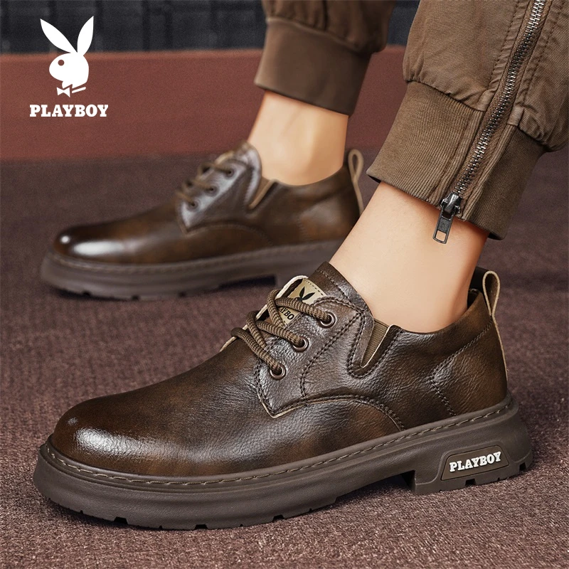 花花公子英伦风休闲男皮鞋新款复古潮流百搭马丁靴低帮防滑商务鞋