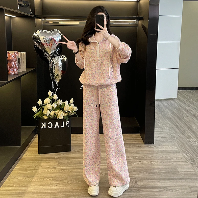 加厚秋冬新款多彩连帽时尚休闲运动套装女多巴胺重工宽松减龄显瘦