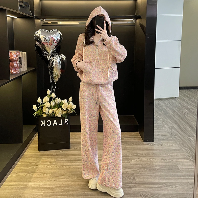 洋气减龄碎花卫衣2024年冬季风情万种休闲时尚套装女阔腿裤两件套