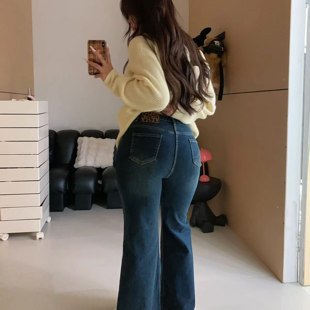 慧芝huizhi 28135喇叭加绒高腰 豹纹皮标辣妹显腿长牛仔裤