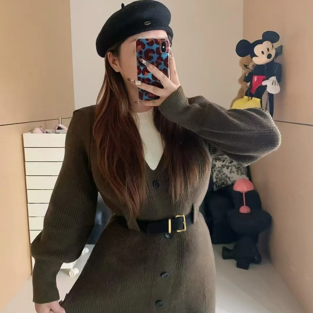 慧芝huizhi 831假两件针织衫（配腰带）定制泡泡袖显瘦设计款连衣裙