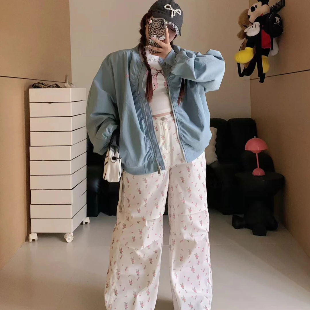 慧芝huizhi 小花工装裤 定制款 白色碎花甜美少女阔腿工装裤