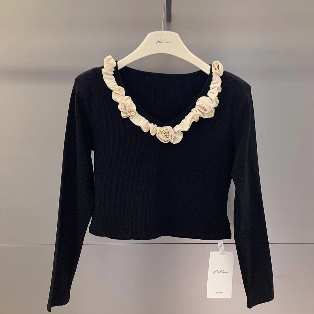 慧芝huizhi 立体花花 定制款 v领弹力显瘦黑色针织上衣
