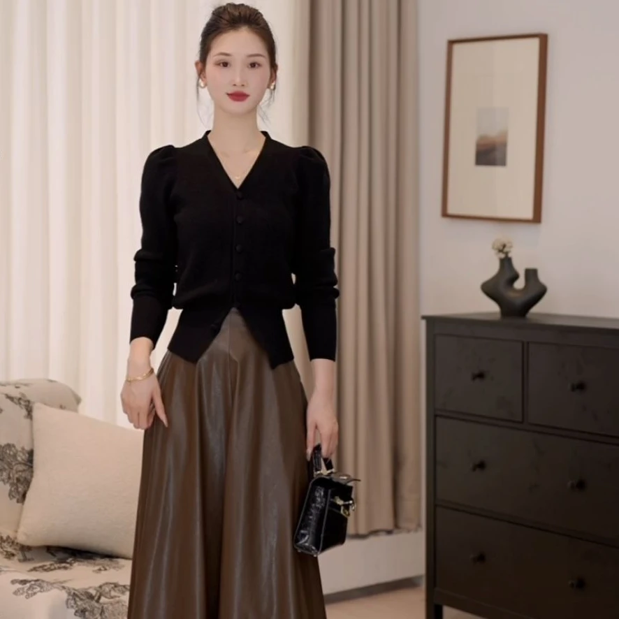 拉夏贝尔25现货春季新气质显瘦安哥拉红针织毛衣+皮裙 10118 ZCJ