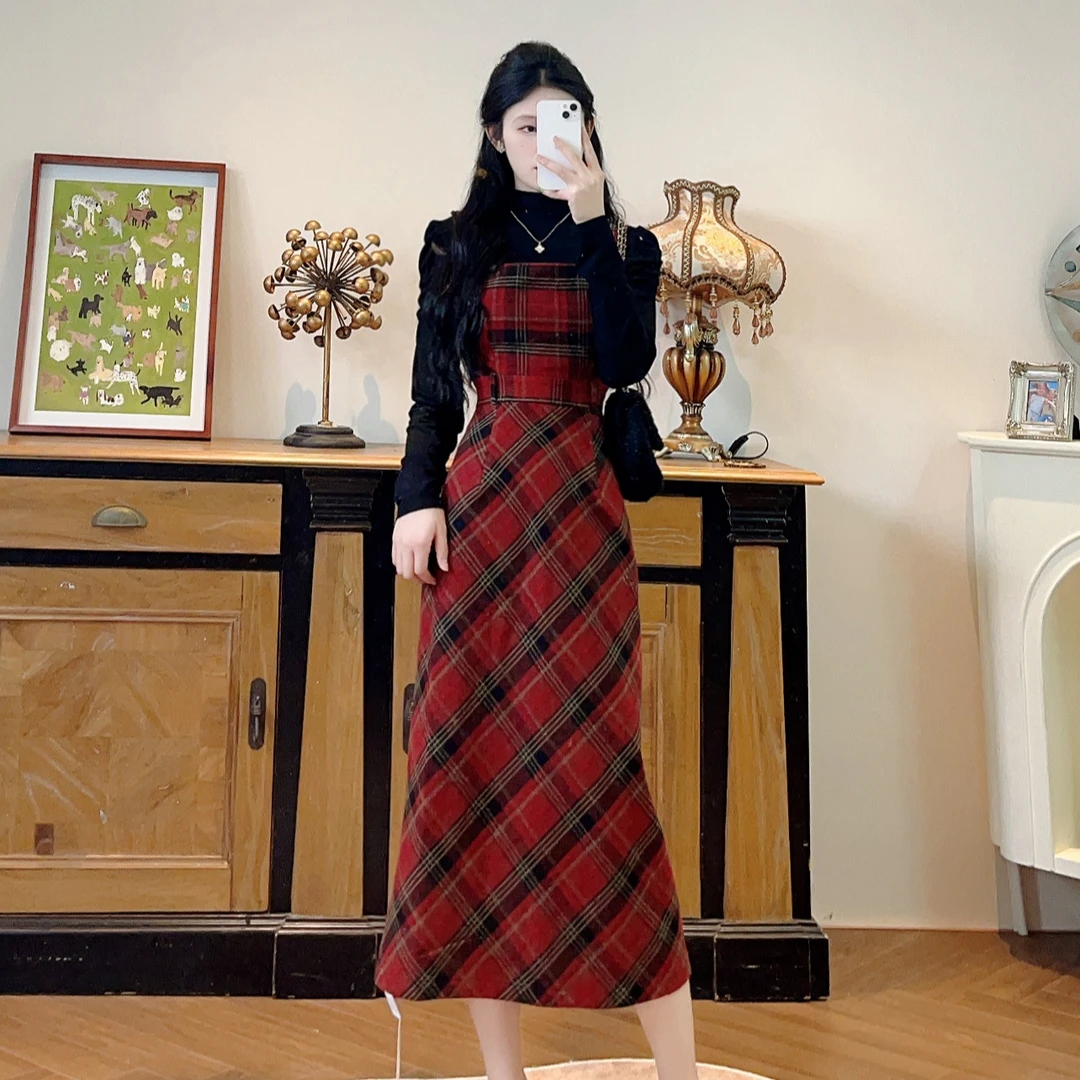 拉夏贝尔25现货秋季新轻熟百搭格子设计感上衣+背带裙 10143 LSC